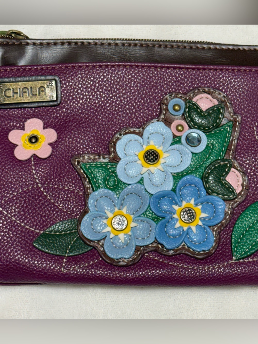 Chala Purple Floral Appliqué Crossbody Bag with Blue Accents - Picture 2 of 4
